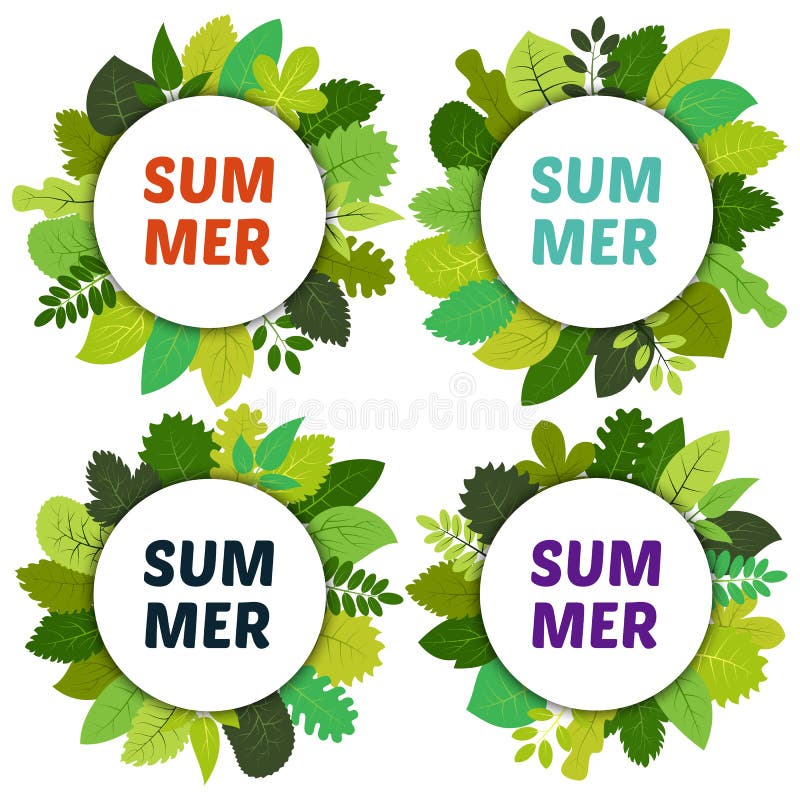 Reeks van vier etiketten met groene de zomerbladeren onder witte rondes vector illustratie Reeks van vier etiketten met groene de zomerbladeren onder witte rondes vector illustratie