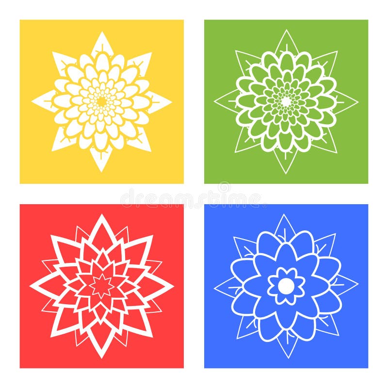 Reeks van vier silhouetten van blauwe bloemen, groen, geel, rood stock illustratie Reeks van vier silhouetten van blauwe bloemen, groen, geel, rood stock illustratie