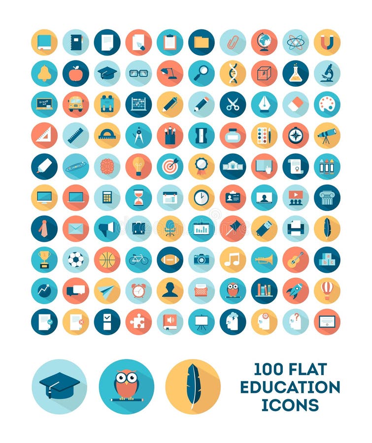 Reeks van 100 vlakke pictogrammen van het stijlonderwijs