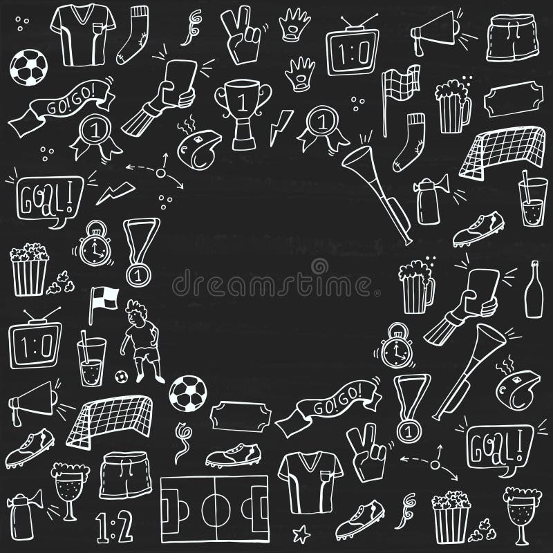Reeks van voetbal, sport, de krabbels van het voetbalpictogram op bord Geschetste getrokken hand Vector illustratie vector illustratie Reeks van voetbal, sport, de krabbels van het voetbalpictogram op bord Geschetste getrokken hand Vector illustratie vector illustratie