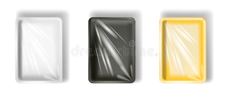 Reeks van witte, gele, zwarte polystyreen verpakking, met transparante film Geïsoleerdj op witte achtergrond stock illustratie Reeks van witte, gele, zwarte polystyreen verpakking, met transparante film Geïsoleerdj op witte achtergrond stock illustratie