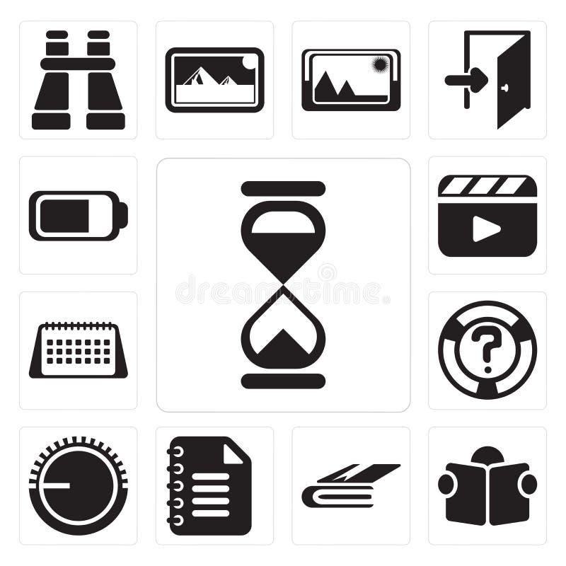 Reeks van Zandloper, Lezing, Notitieboekje, Blocnote, Volumecontrole, hij stock illustratie Reeks van Zandloper, Lezing, Notitieboekje, Blocnote, Volumecontrole, hij stock illustratie