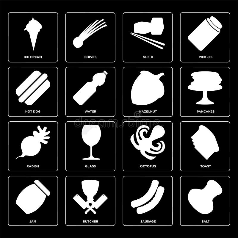 Reeks van Zout, Worst, Jam, Octopus, Radijs, Hazelnoot, Hotdog, S stock illustratie Reeks van Zout, Worst, Jam, Octopus, Radijs, Hazelnoot, Hotdog, S stock illustratie