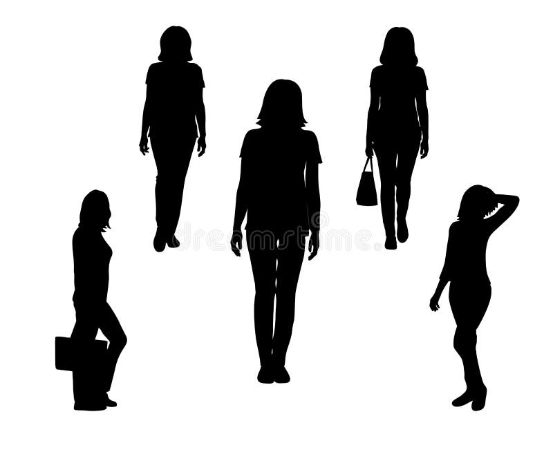 Reeks van zwart silhouet van bevindende vrouw, met zak op witte achtergrond royalty-vrije illustratie Reeks van zwart silhouet van bevindende vrouw, met zak op witte achtergrond royalty-vrije illustratie