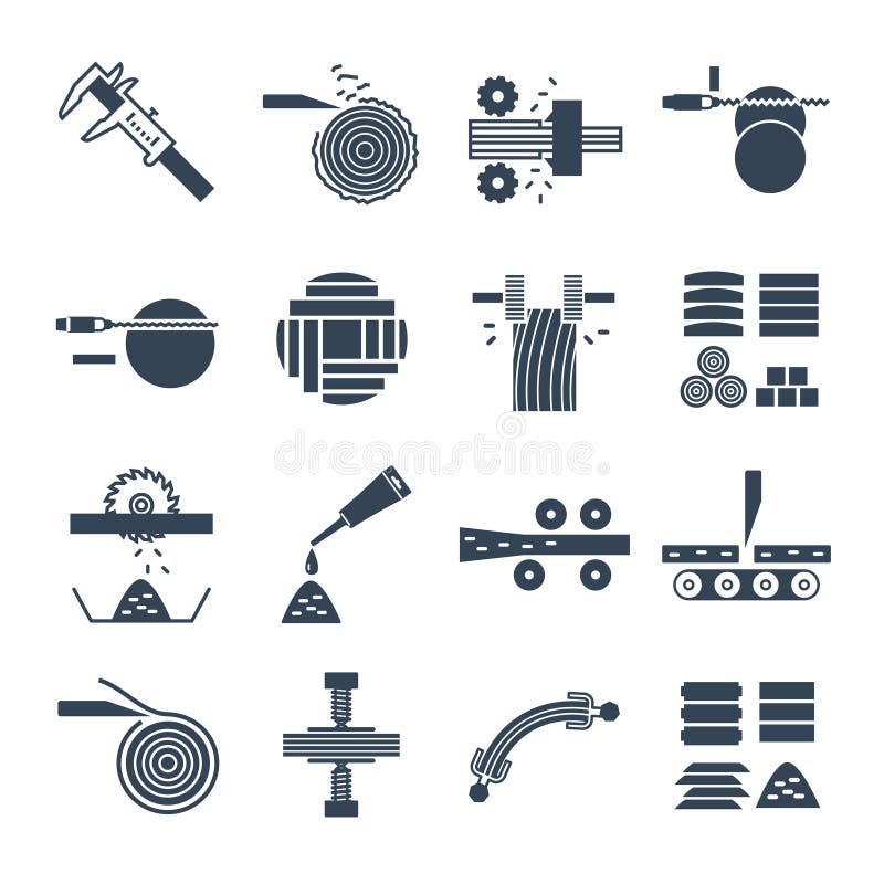 Reeks van zwarte pictogrammenvervaardiging van houten productieproces stock illustratie Reeks van zwarte pictogrammenvervaardiging van houten productieproces stock illustratie