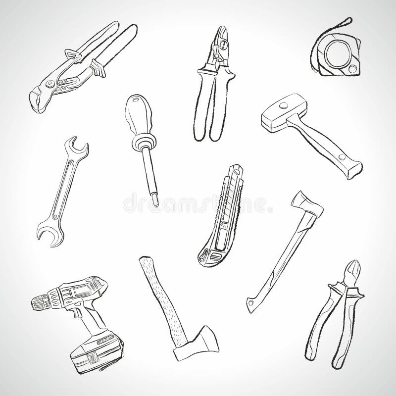 Reeks vector hand-drawn het werkhulpmiddelen De handpictogrammen van de hulpmiddelenreparatie op witte achtergrond Hulpmiddelen D royalty-vrije illustratie Reeks vector hand-drawn het werkhulpmiddelen De handpictogrammen van de hulpmiddelenreparatie op witte achtergrond Hulpmiddelen D royalty-vrije illustratie