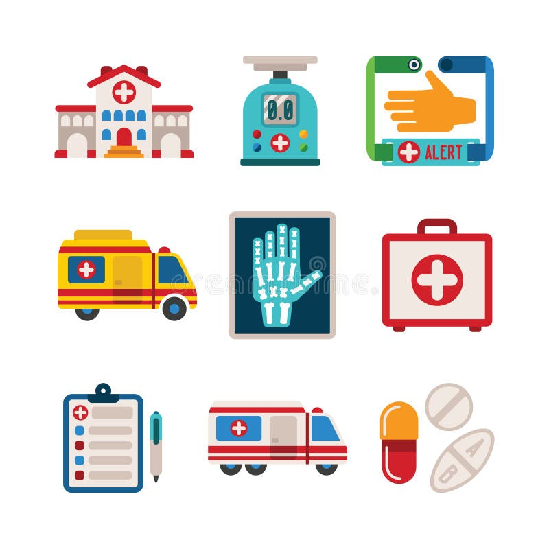 Reeks vector kleurrijke medische pictogrammen in vlakke stijl stock illustratie Reeks vector kleurrijke medische pictogrammen in vlakke stijl stock illustratie