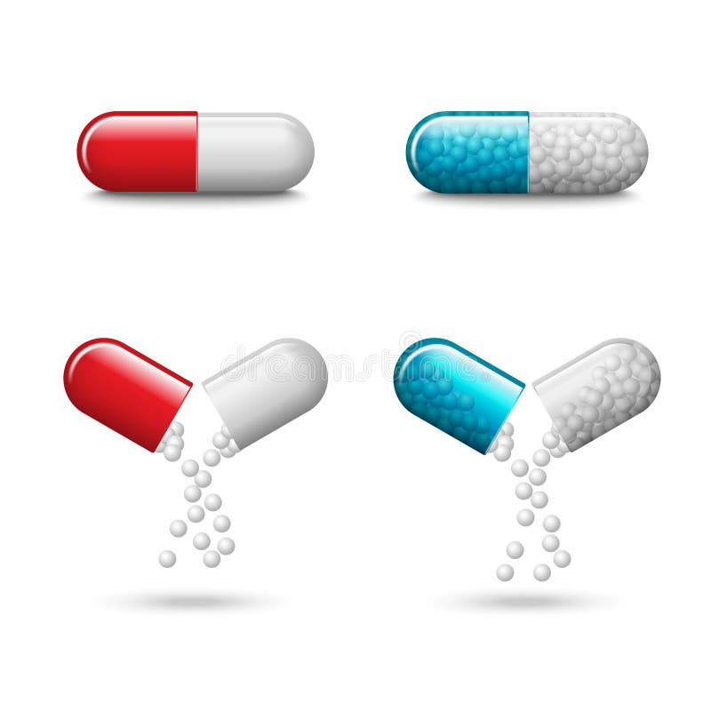 Reeks vector realistische rode en blauwe pillen of capsules stock illustratie Reeks vector realistische rode en blauwe pillen of capsules stock illustratie