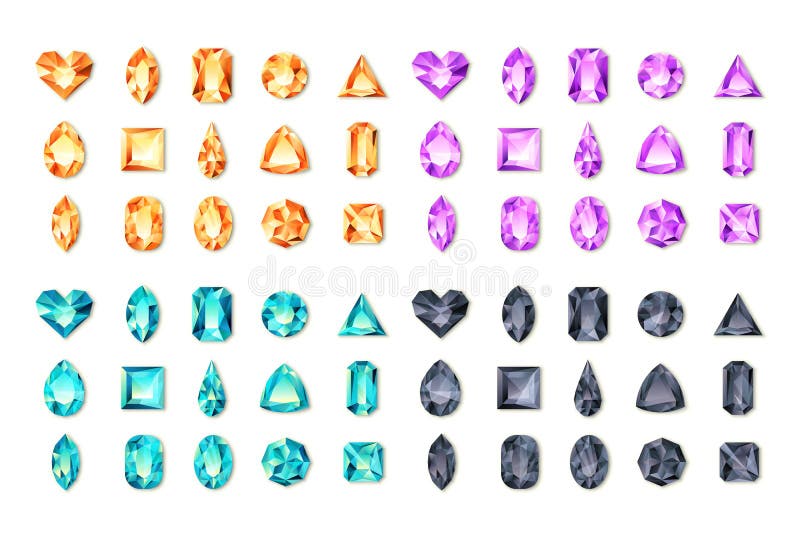 Reeks vector realistische turkooise, zwarte, purpere, oranje gemmen en juwelen op witte achtergrond Veelkleurige glanzende diaman vector illustratie Reeks vector realistische turkooise, zwarte, purpere, oranje gemmen en juwelen op witte achtergrond Veelkleurige glanzende diaman vector illustratie