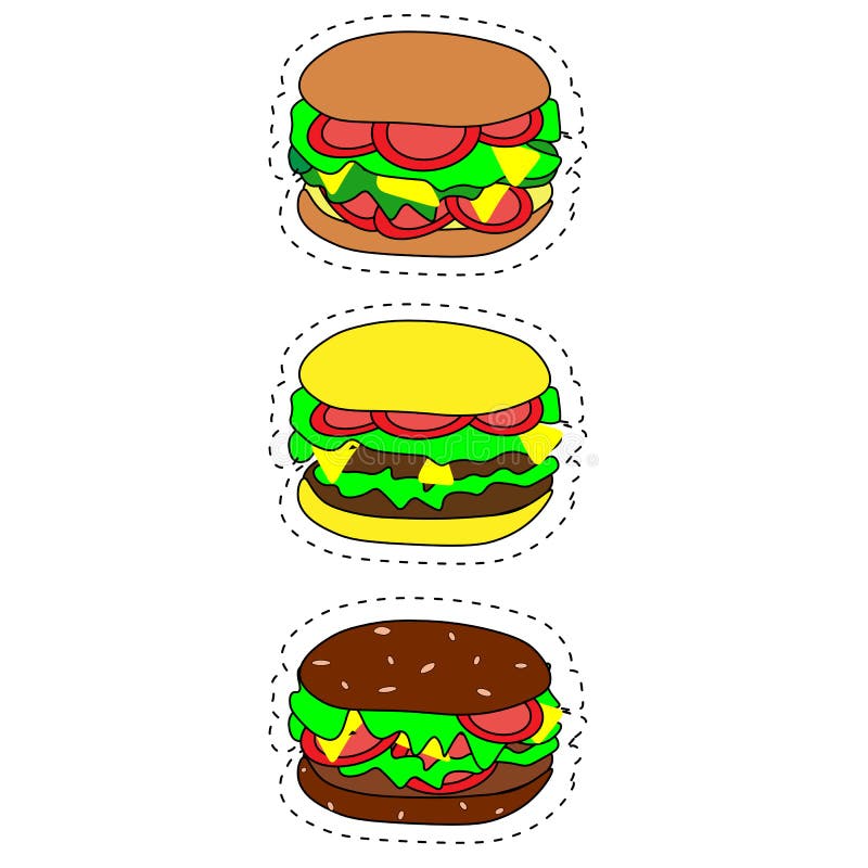 Reeks vector snel voedselpictogrammen Hamburger, cheeseburger, dubbele hamburger, hamburger met sla, ui, tomaat, komkommer en ket vector illustratie Reeks vector snel voedselpictogrammen Hamburger, cheeseburger, dubbele hamburger, hamburger met sla, ui, tomaat, komkommer en ket vector illustratie
