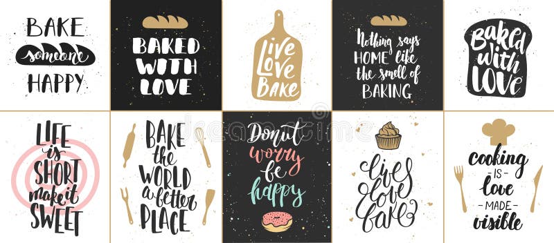 Reeks vectorbakkerij van letters voorziende affiches, groetkaarten stock illustratie Reeks vectorbakkerij van letters voorziende affiches, groetkaarten stock illustratie