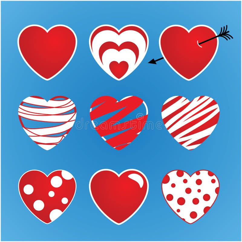 Reeks vectordievalentijnskaarten van negen harten wordt gemaakt De leiding kleurt rood en wit stock illustratie Reeks vectordievalentijnskaarten van negen harten wordt gemaakt De leiding kleurt rood en wit stock illustratie
