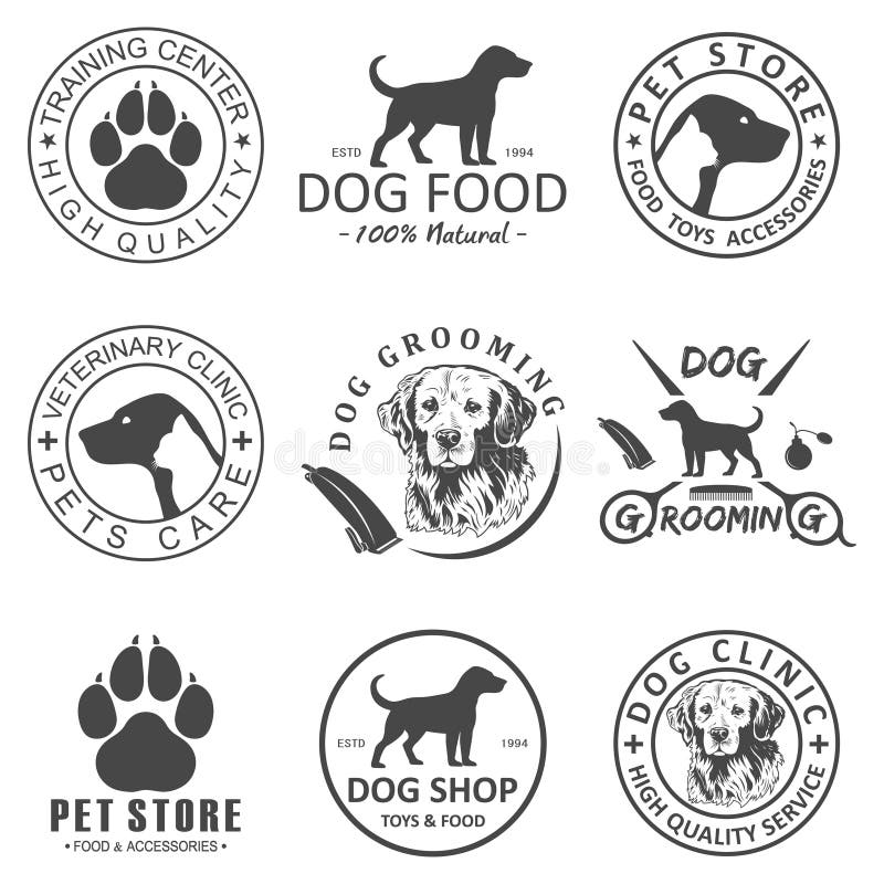 Set of vector dog logo and icons for dog club or shop, grooming, training, food or veterinary clinic. Set of vector dog logo and icons for dog club or shop, grooming, training, food or veterinary clinic.