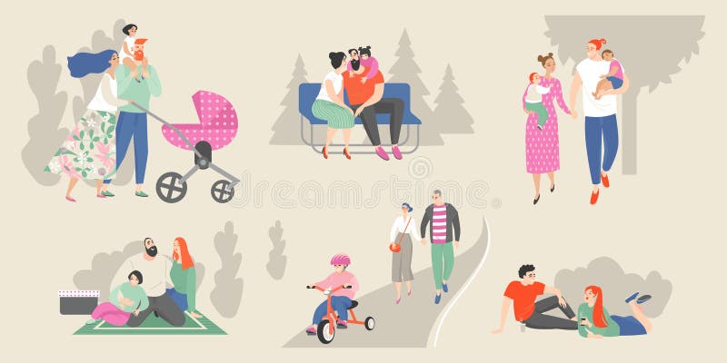 Reeks vectorillustraties van families met kinderen en jonge paren die in het park ontspannen vector illustratie Reeks vectorillustraties van families met kinderen en jonge paren die in het park ontspannen vector illustratie
