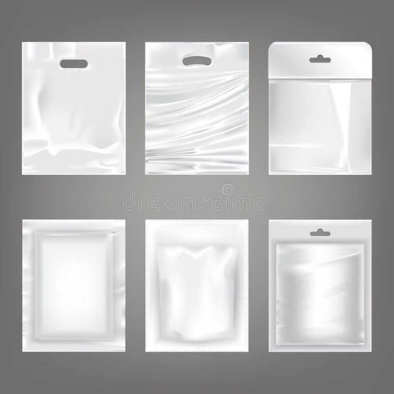 Reeks vectorillustraties van witte plastic lege zakken, verpakking royalty-vrije illustratie Reeks vectorillustraties van witte plastic lege zakken, verpakking royalty-vrije illustratie