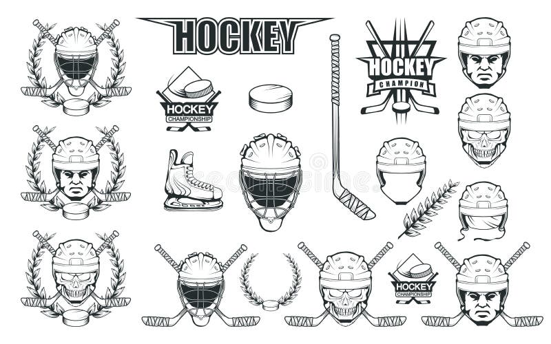 Set of different elements for hockey playing. Hockey helmet. Professional ice skates illustration. Skull with hockey helmet. Ice Games logo. Goalkeeper mask with sticks. Vector graphics to design. Set of different elements for hockey playing. Hockey helmet. Professional ice skates illustration. Skull with hockey helmet. Ice Games logo. Goalkeeper mask with sticks. Vector graphics to design.