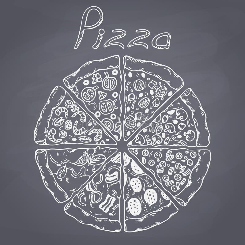 Reeks verschillende plakken van pizza in vector De illustratie van de krijtstijl op bord stock illustratie Reeks verschillende plakken van pizza in vector De illustratie van de krijtstijl op bord stock illustratie