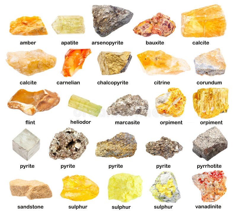 Set of various unpolished yellow minerals with names vanadinite, pyrite, marcasite, sulphur, etc isolated on white. Set of various unpolished yellow minerals with names vanadinite, pyrite, marcasite, sulphur, etc isolated on white