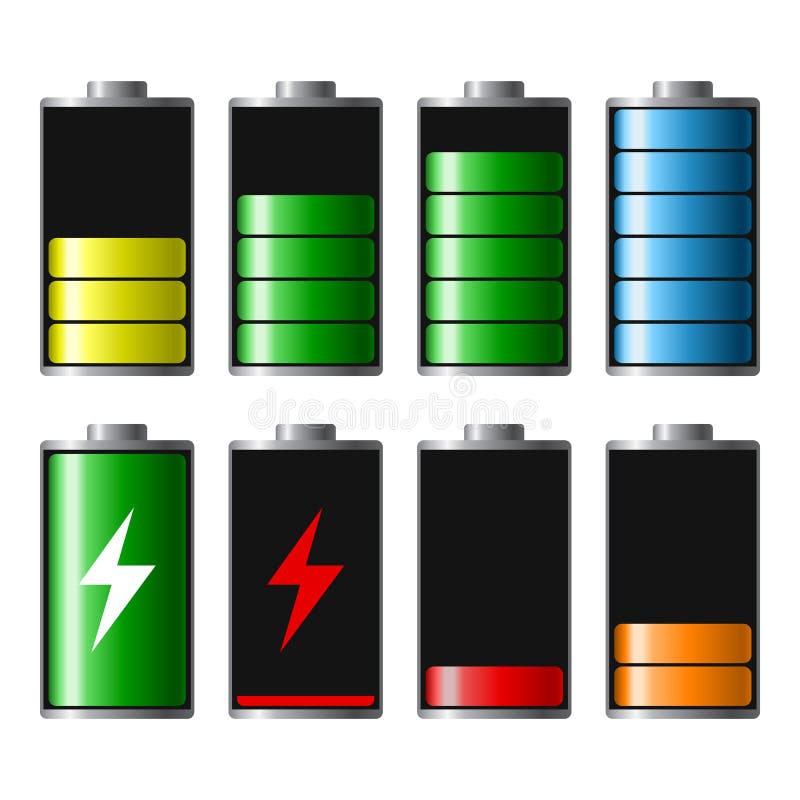 Reeks vlakke indicatoren van de batterijlast, van volledig tot laag Discha vector illustratie Reeks vlakke indicatoren van de batterijlast, van volledig tot laag Discha vector illustratie