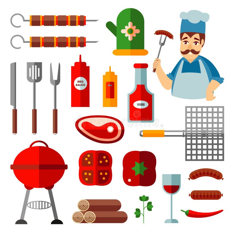 Reeks vlakke pictogrammen van bbq, barbecuevoorwerpen, kok vector illustratie Reeks vlakke pictogrammen van bbq, barbecuevoorwerpen, kok vector illustratie