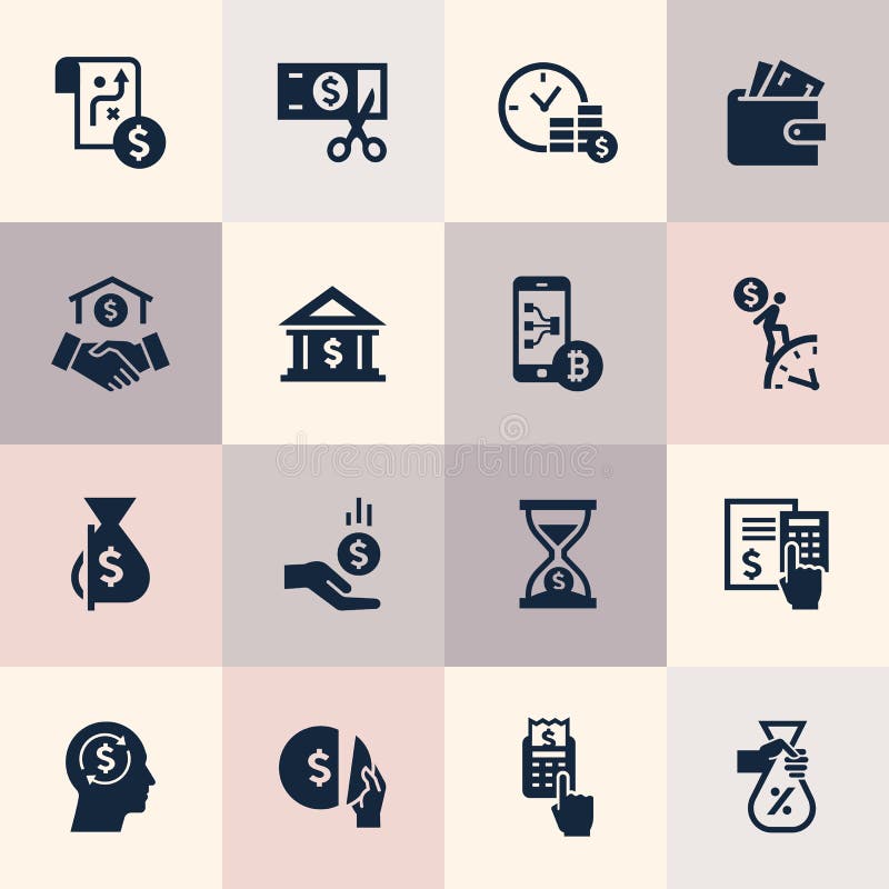 Reeks vlakke pictogrammen van het ontwerpconcept voor financiën, bankwezen, zaken, betaling, en monetaire verrichtingen