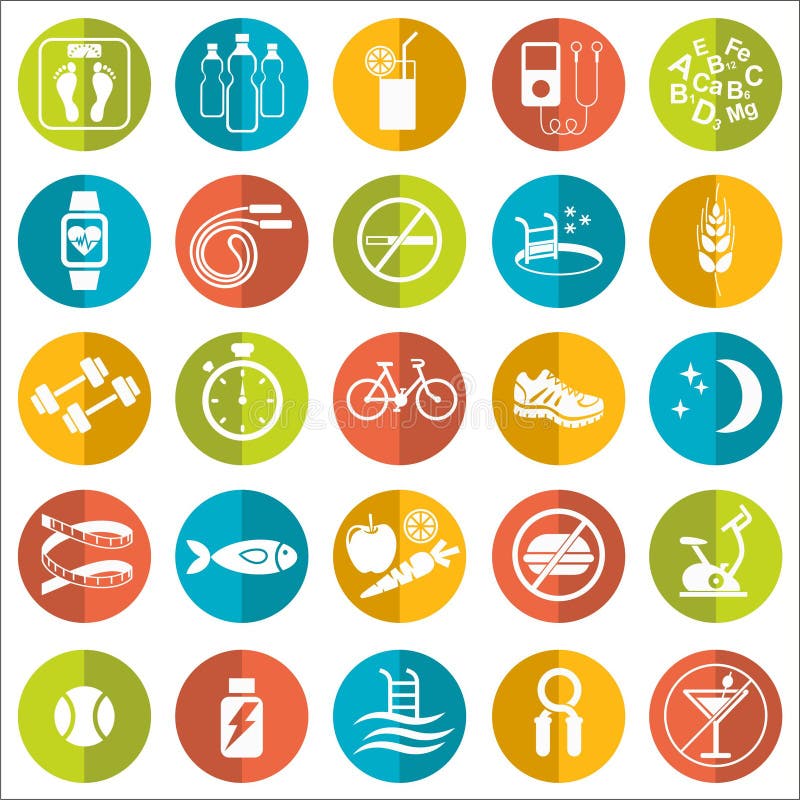 Reeks vlakke vectorpictogrammen met uiteinden voor het verliezen van gewicht Sport, dieet en gezonde levensstijl stock illustratie Reeks vlakke vectorpictogrammen met uiteinden voor het verliezen van gewicht Sport, dieet en gezonde levensstijl stock illustratie