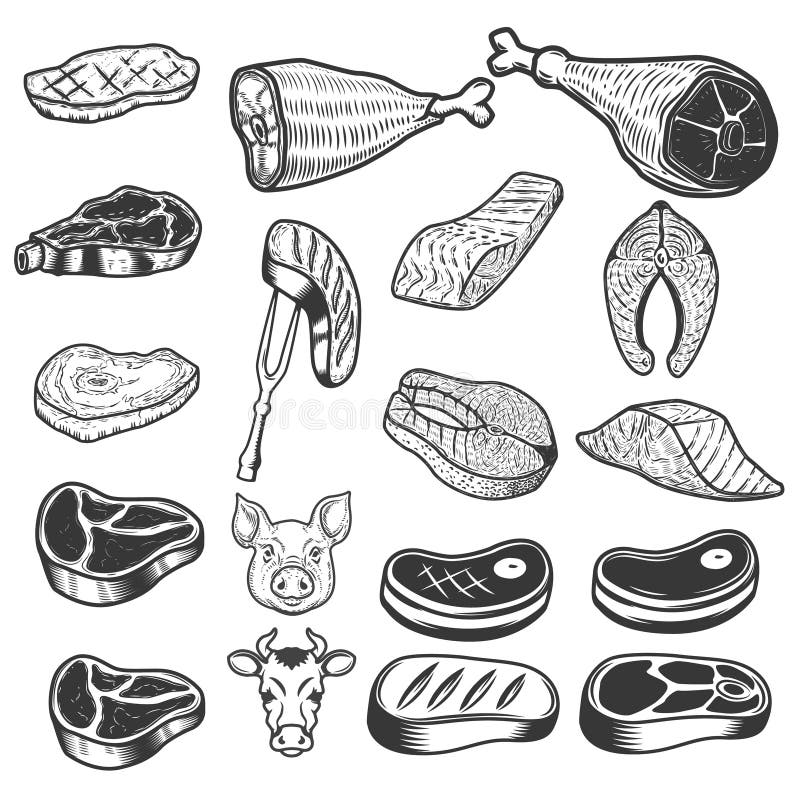 Reeks vleespictogrammen Varken en koehoofden Ontwerpelementen voor embleem, vector illustratie Reeks vleespictogrammen Varken en koehoofden Ontwerpelementen voor embleem, vector illustratie