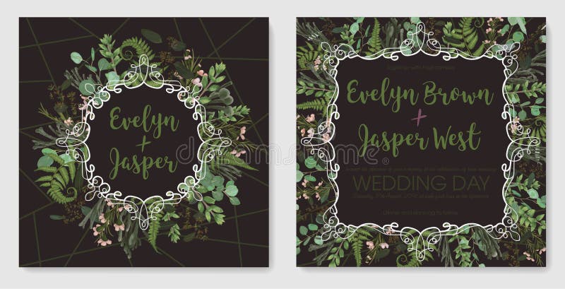 Reeks voor huwelijksuitnodiging, groetkaart, sparen datum, banner Uitstekend kader met groen varenblad, bukshout, brunia en eucal stock illustratie Reeks voor huwelijksuitnodiging, groetkaart, sparen datum, banner Uitstekend kader met groen varenblad, bukshout, brunia en eucal stock illustratie