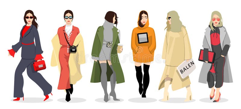 Reeks vrouwen gekleed in modieuze in kleren vector illustratie Reeks vrouwen gekleed in modieuze in kleren vector illustratie