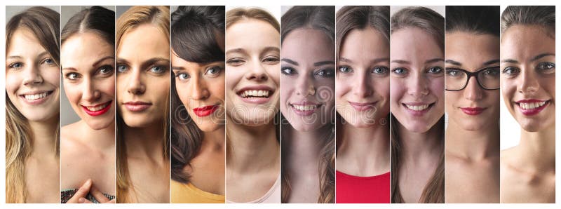 Collage of a series of women faces with different facial expressions. Collage of a series of women faces with different facial expressions