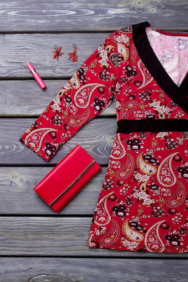 Set of women clothes and accessories. Female red patterned blouse, purse and cosmetics. Feminine beauty and style. Set of women clothes and accessories. Female red patterned blouse, purse and cosmetics. Feminine beauty and style.