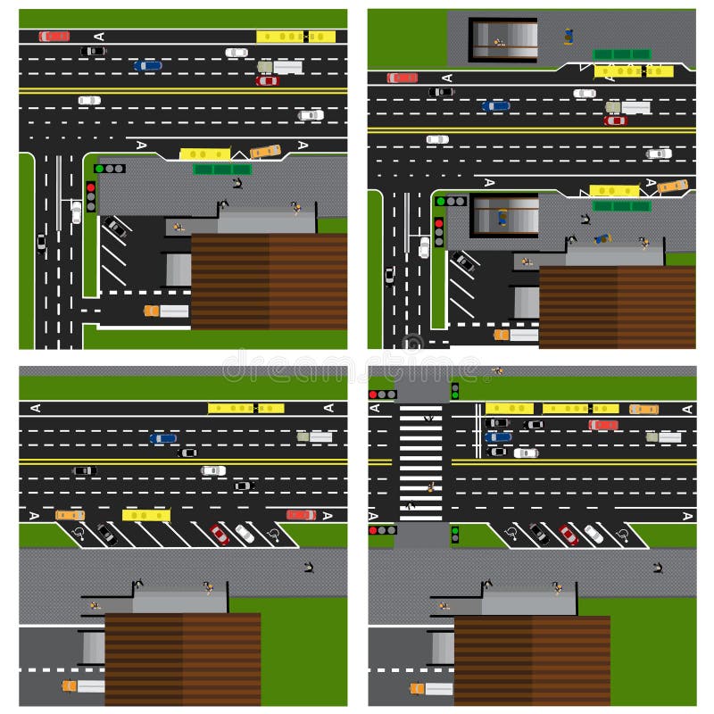Reeks wegen, wegen, straten, met een winkel kruispunten Leeg ontwerpmalplaatje voor het brandmerken Met verschillende auto's, het vector illustratie Reeks wegen, wegen, straten, met een winkel kruispunten Leeg ontwerpmalplaatje voor het brandmerken Met verschillende auto's, het vector illustratie