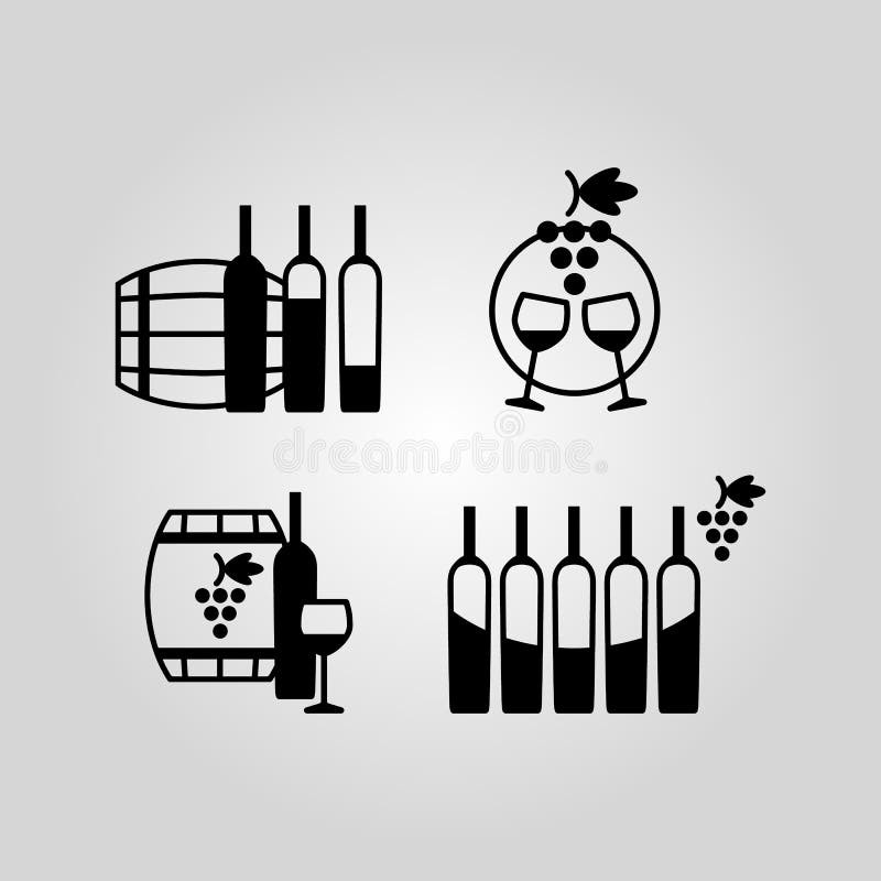 Reeks wijn vlakke zwarte pictogrammen, symbolen, tekens en ontwerpelementen vector illustratie Reeks wijn vlakke zwarte pictogrammen, symbolen, tekens en ontwerpelementen vector illustratie