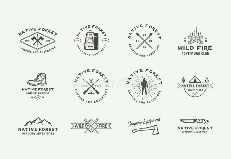 Reeks wijnoogst openlucht en avonturenemblemen, kentekens, etiketten, emblemen, tekens en ontwerpelementen die kamperen Grafisch vector illustratie Reeks wijnoogst openlucht en avonturenemblemen, kentekens, etiketten, emblemen, tekens en ontwerpelementen die kamperen Grafisch vector illustratie