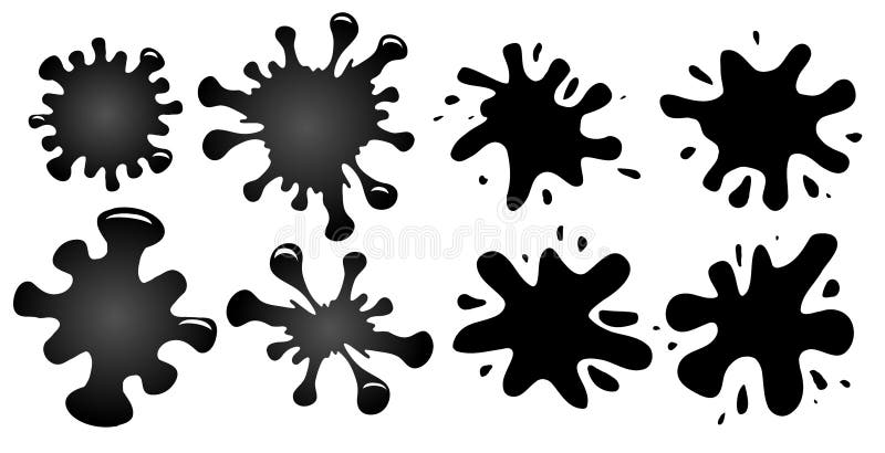 Set of black oil stains with highlights and drops. Flat ink splash. The object is separate from the background. Vector element for logos, icons, articles and your design. Set of black oil stains with highlights and drops. Flat ink splash. The object is separate from the background. Vector element for logos, icons, articles and your design