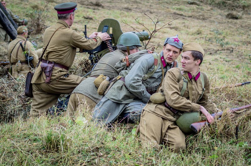The reenactment of the battle of World war 2 between Soviet and German troops near Moscow. royalty free stock photography The reenactment of the battle of World war 2 between Soviet and German troops near Moscow. royalty free stock photography