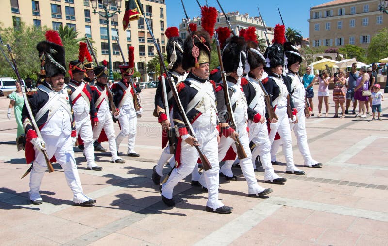 The reenactors dressed as Napoleonic soldiers, Ajaccio , Corsica stock photography
