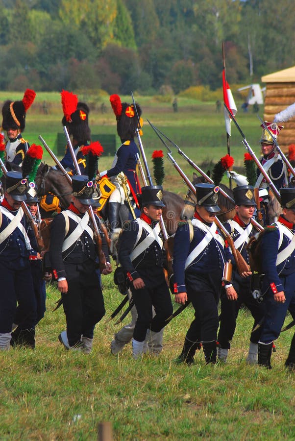 Reenactors dressed as Napoleonic war soldiers stock images