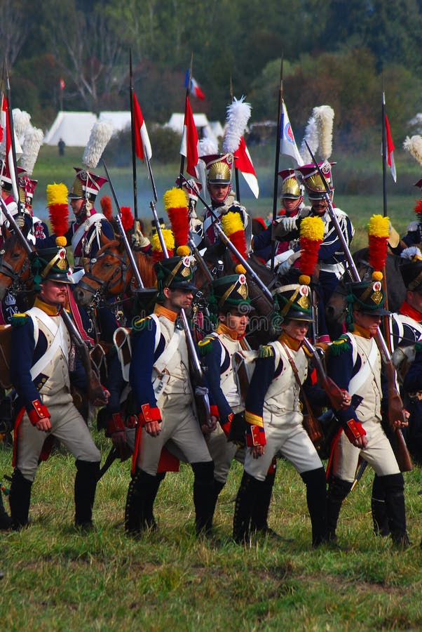 Reenactors dressed as Napoleonic war soldiers stock photos
