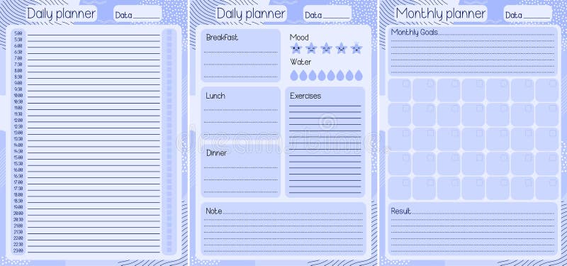 Monthly and Daily Planning, Meals, Hourly Schedule, Notes, Goals and Results, Water Tracking, Mood Markers, Blue Lilac. Monthly and Daily Planning, Meals, Hourly Schedule, Notes, Goals and Results, Water Tracking, Mood Markers, Blue Lilac