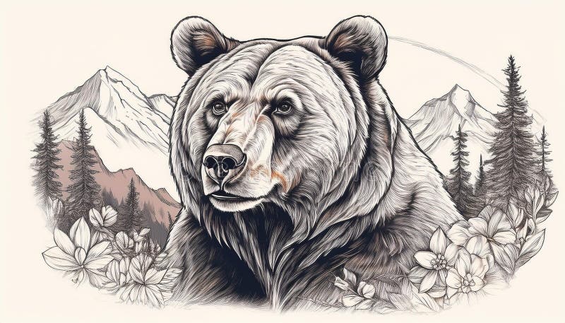 Bear in wilderness drawing. An AI-generated hand-drawn portrait of a bear in its natural environment.