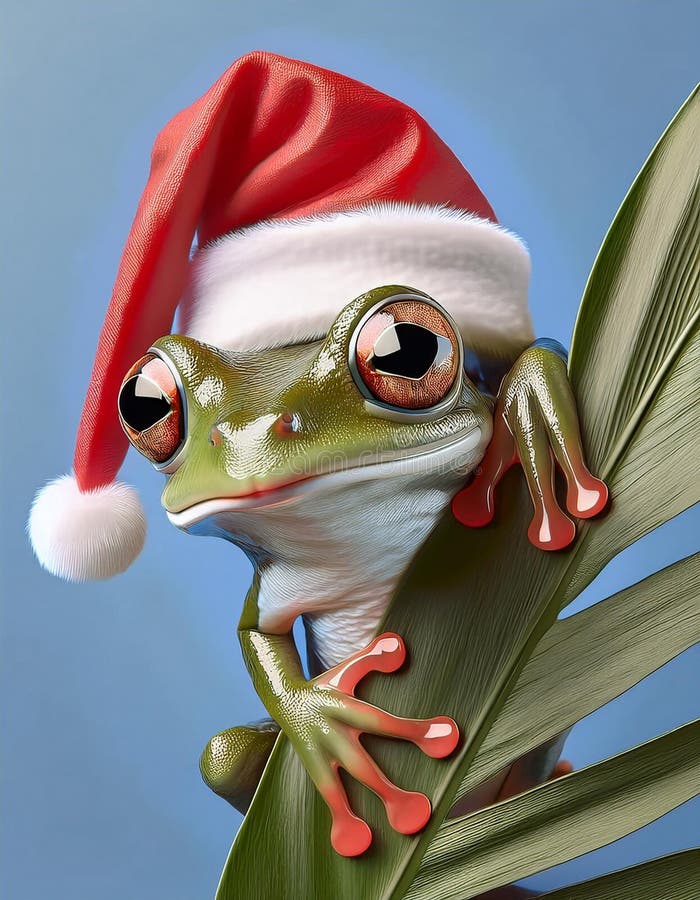 Christmas frog with santa hat cartoon stock photo