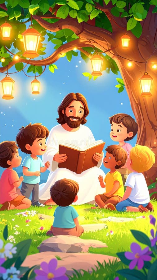 An AI-generated illustration of Jesus reading a storybook to children under a giant tree with glowing lanterns. Children reading under tree illustrations