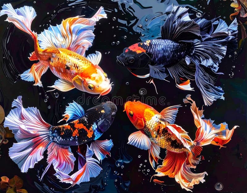A vibrant image showcasing four Siamese fighting fish (Betta splendens) swimming in dark water. The fish display a stunning array of colors and elaborate fins. Bubbles rise through the water, adding to the dynamic composition. This image is suitable for illustrating topics related to aquariums, pets, exotic animals, and the beauty of nature. Fish rise illustrations