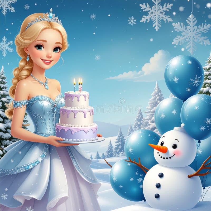 A whimsical illustration of a beautiful princess celebrating a winter birthday. She is dressed in a sparkling blue gown and holding a three-tiered cake with lit candles. A friendly snowman, blue balloons, and snowflakes complete the festive scene, set against a snowy landscape with pine trees. Ideal for children's birthday themes, winter holiday cards, and fairytale-themed projects. Animated snowman illustrations