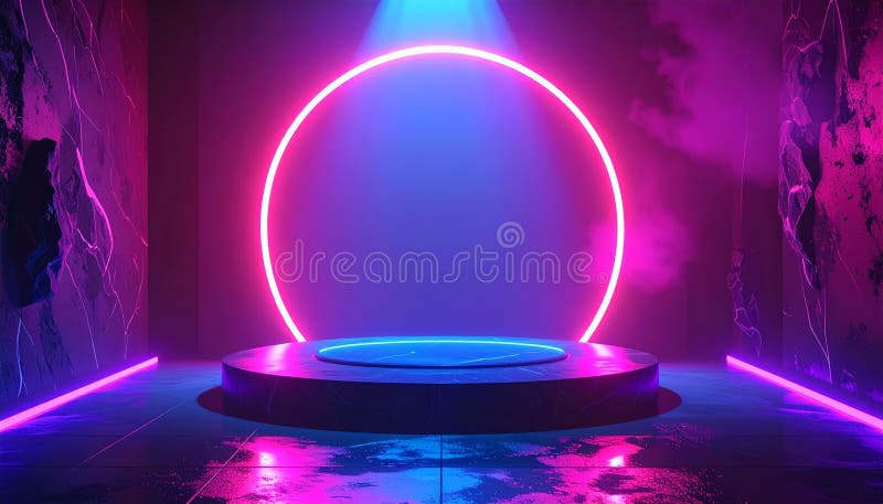 Futuristic Neon Cyberpunk Stage with Glowing Ring and Podium
