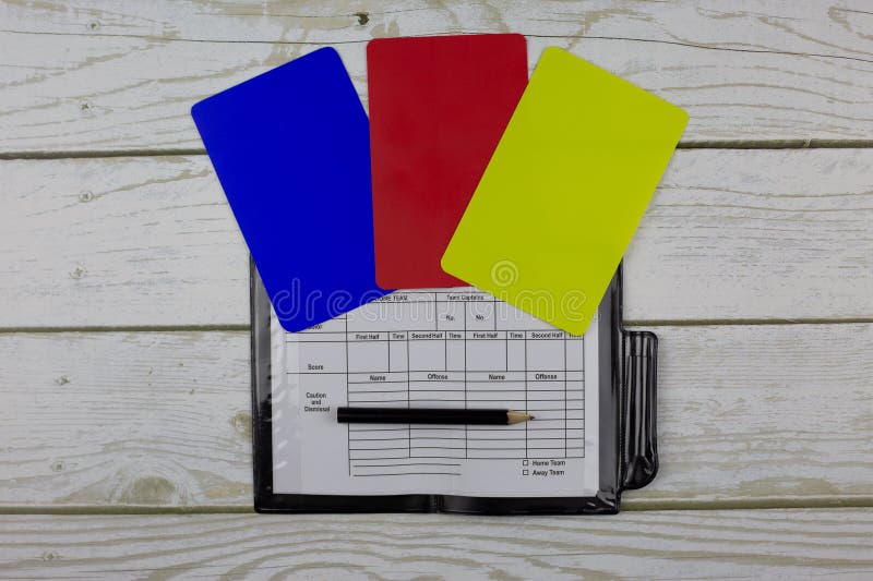 Referee soccer cards of different colors and notepad with pencil to mark player substitutions, referee set concept, for pocket on jersey. Referee soccer cards of different colors and notepad with pencil to mark player substitutions, referee set concept, for pocket on jersey