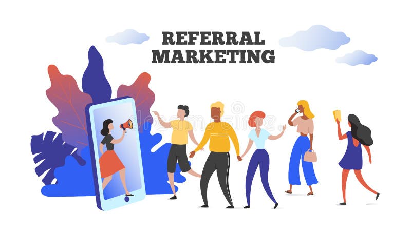 Referral marketing. Communication influence advertising concept, refer your friend client loyalty program. Vector royalty free illustration