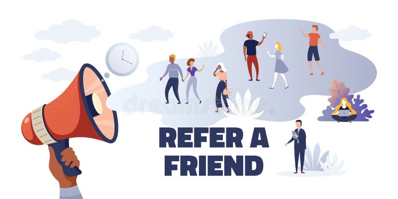 Referral marketing. Creative advertising concept refer friend loyalty program, cartoon promoting characters. Vector vector illustration