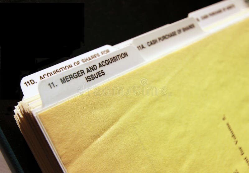 Binder tabbed with legal subjects in merger and acquisition issues. Binder tabbed with legal subjects in merger and acquisition issues